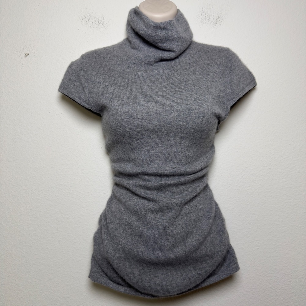 Black Saks Fifth Avenue Women 100% Cashmere Sweater Top L Gray Turtleneck Ruched